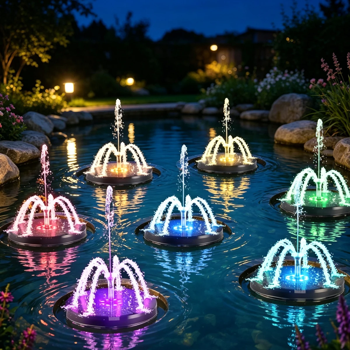 Bird Bath 7 Color LED Solar Rotatable Fountain Light Equipped With 8 Types of Nozzles and Water Pumps for Yard Decoration Baths