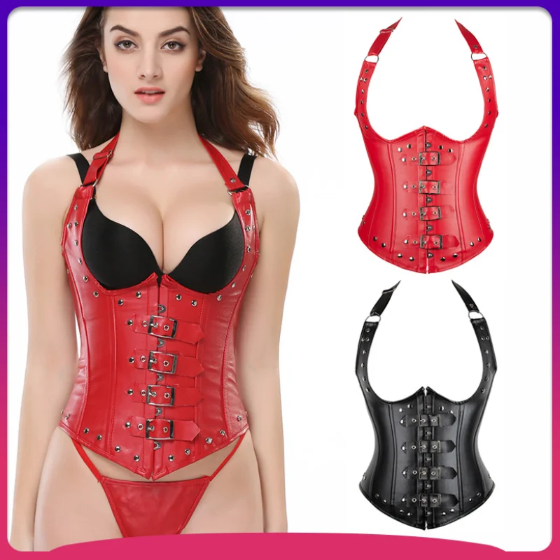 

Sexy Metal Punk Corset Performance Costume Bodysuit Waist Trainer Fajas Lace Up PU Leather Body Shapers Women Corsets Shapewear