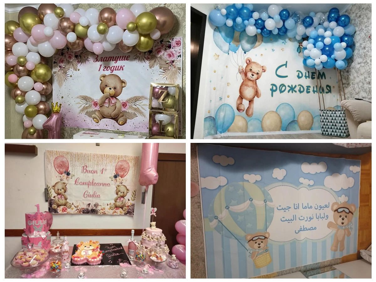 Dziecięce tła do fotografii Miś Balon na gorące powietrze Spersonalizowany plakat Urodziny Baby Shower Tło fotograficzne