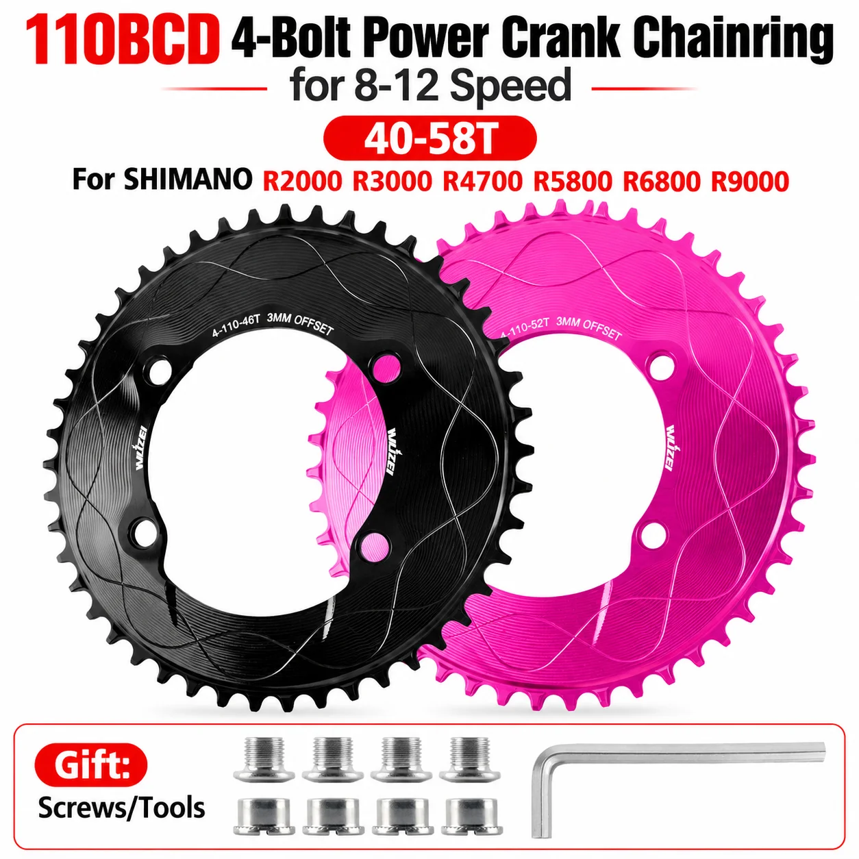 WUZEI 110BCD Road Bike 4-Bolt Power Chainring 8-12S for R7000 R8000 R9100 40/48T 58T Incompatible AXE chain Narrow Wide Sprocket