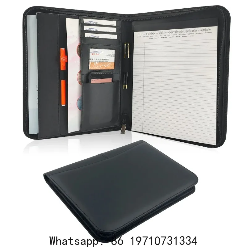 Zippered Business Padfolio A4 PU Leather Portfolio Organizer for Interview Resume Document Planner Agenda  Holder