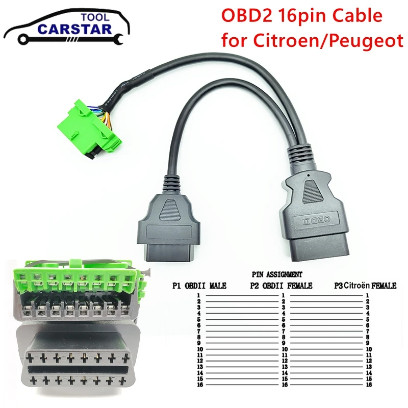 Obd2 16pin 2 في 1 كابل obd2 واحد إلى اثنين تمديد الكابلات لسيتروين/بيجو 16pin obd 2 موسع محول أدوات التشخيص