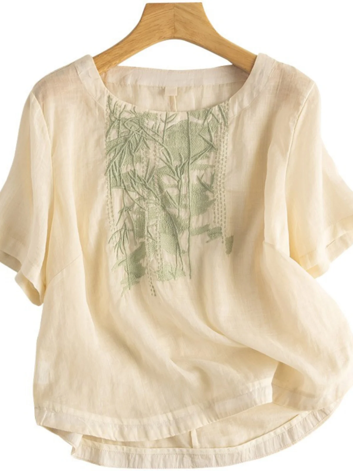 Retro Embroidered Cotton Linen ort Sve T-irt Women's Loose Fit Summer round Ne Plant Floral Pattern Commute Sle