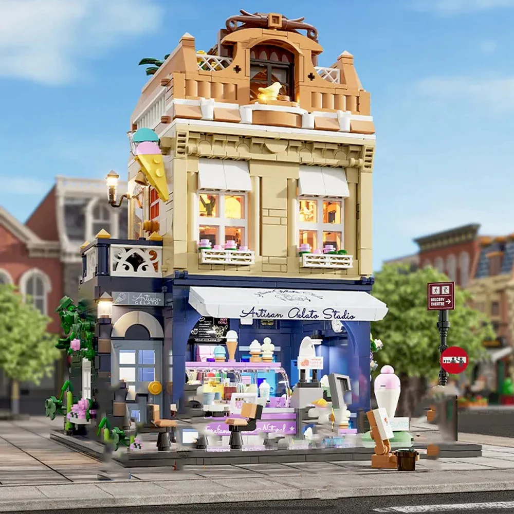 Ice Cream Store City Lighting House Buildings Sets,Apartment Stop Model Modular Buildings Blocks Gift for Adults Kids 1948 PCS
