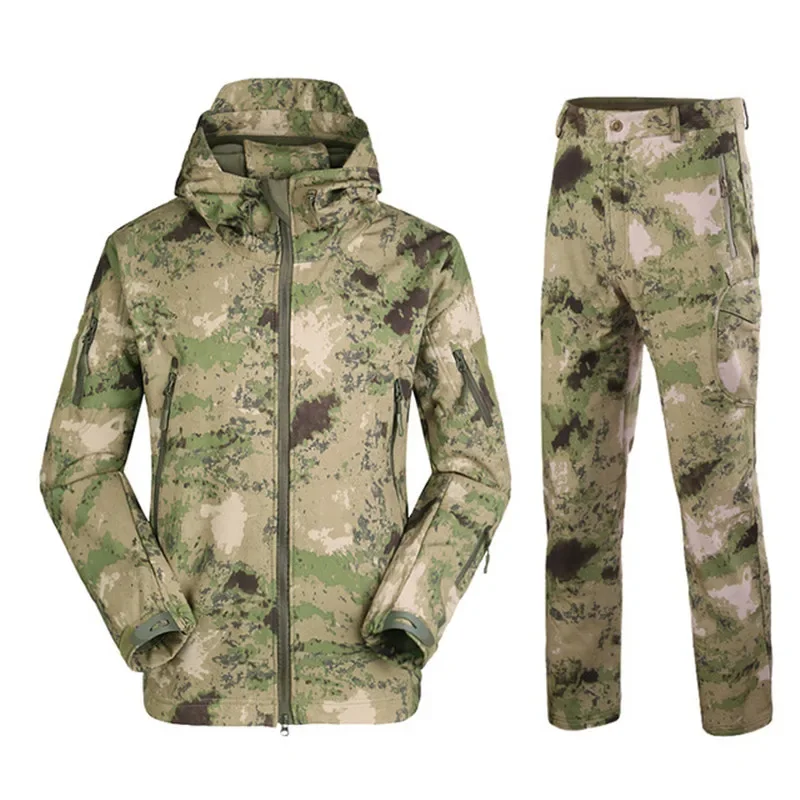 Pop Sniper Camouflage Hunting Clothes Ghillie Suit Outdoors Camping Hiking Waterproof Windbreaker Softshell Fleece Jacket + Pant