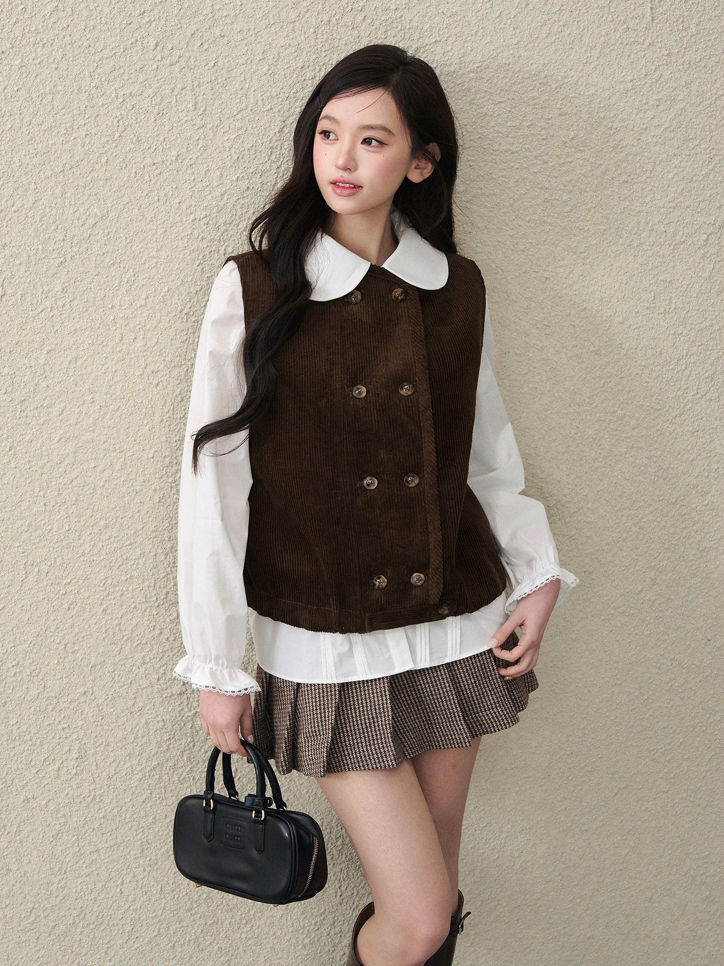

OIOI E Briti Sle Double Button Vest Women's Spring Vintage Svel Top Layering Classic Sle ort Length Doll Collar