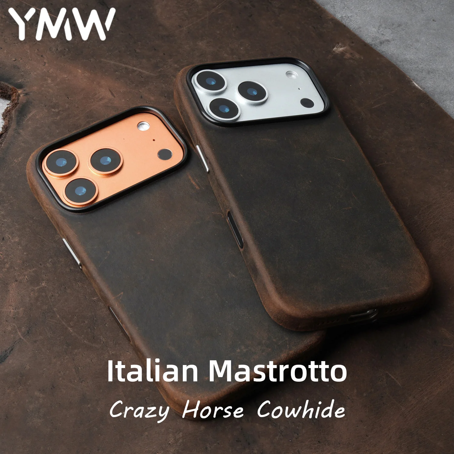 

YMW Italian Crazy Horse Genuine Leather Case for iPhone 17 16 Pro Max 15 14 Personality Cowhide Magnetic Phone Cover