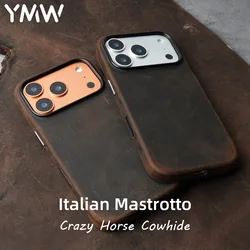 YMW Italian Crazy Horse Genuine Leather Case for iPhone 17 16 Pro Max 15 14 Personality Cowhide Magnetic Phone Cover