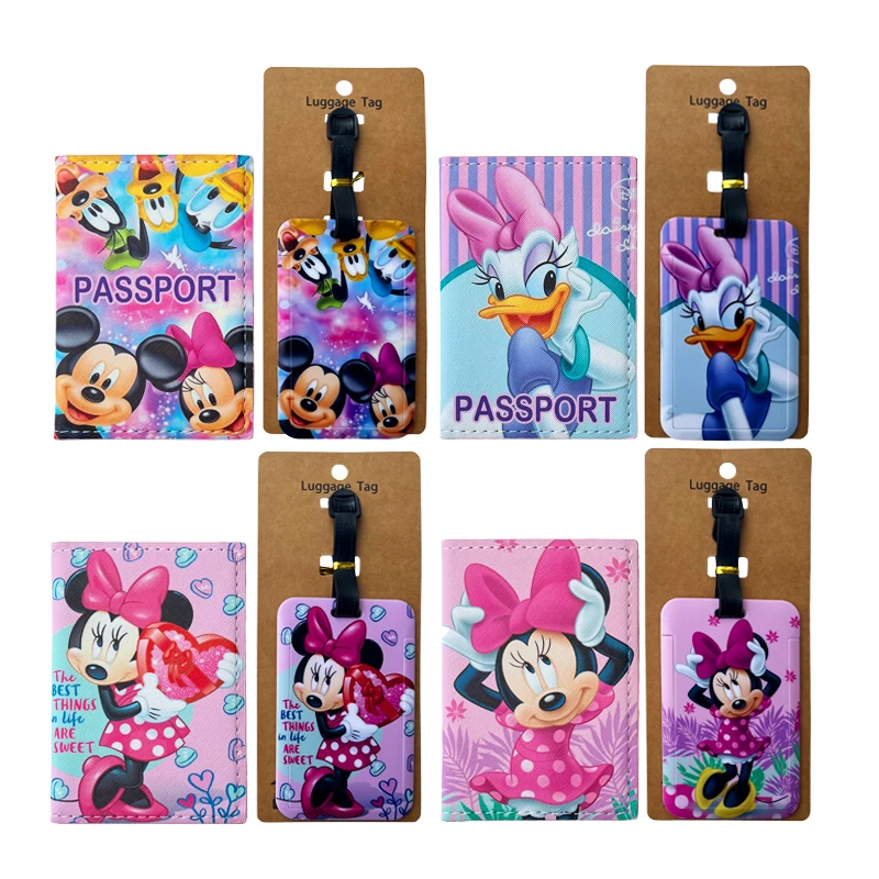 1Set pemegang paspor Disney Minnie dan Tag bagasi penutup paspor perjalanan Tag bagasi tempat kartu ID bisnis Label bagasi