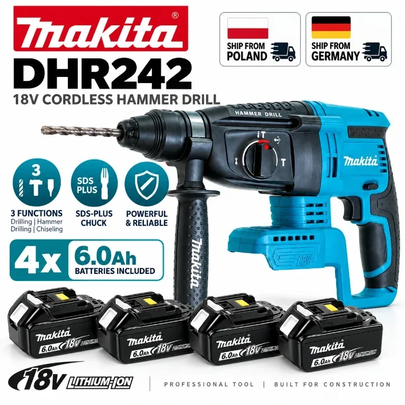 Makita DHR242 18V Akku-Bohrhammer, bürstenloser Motor, 24 mm Bohrkapazität für Beton, SDS Plus 4700 IPM 2,0 J, 3-Modus-Bauwerkzeug für schwere Arbeiten, kompatibel mit BL1860B, BL1850B, BL1815,