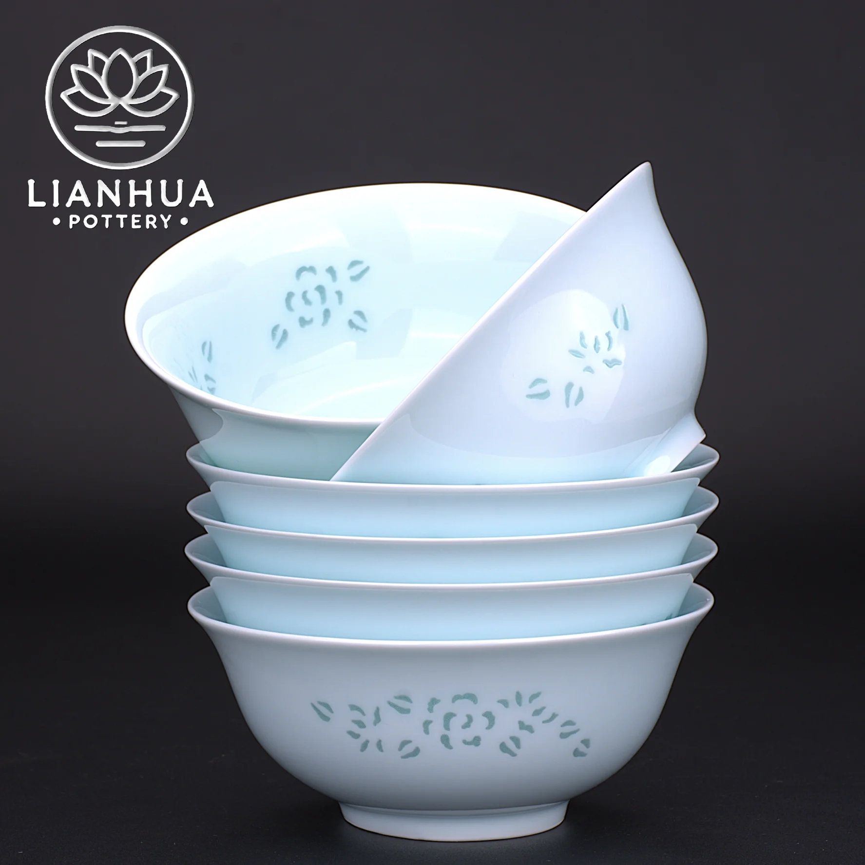 

LIANHUA POTTERY Linglong Porcelain Bowl Set of 6 Celadon Glaze Peony Motif Soup Bowls for Home Kitchen Dinner Housewarming Gift