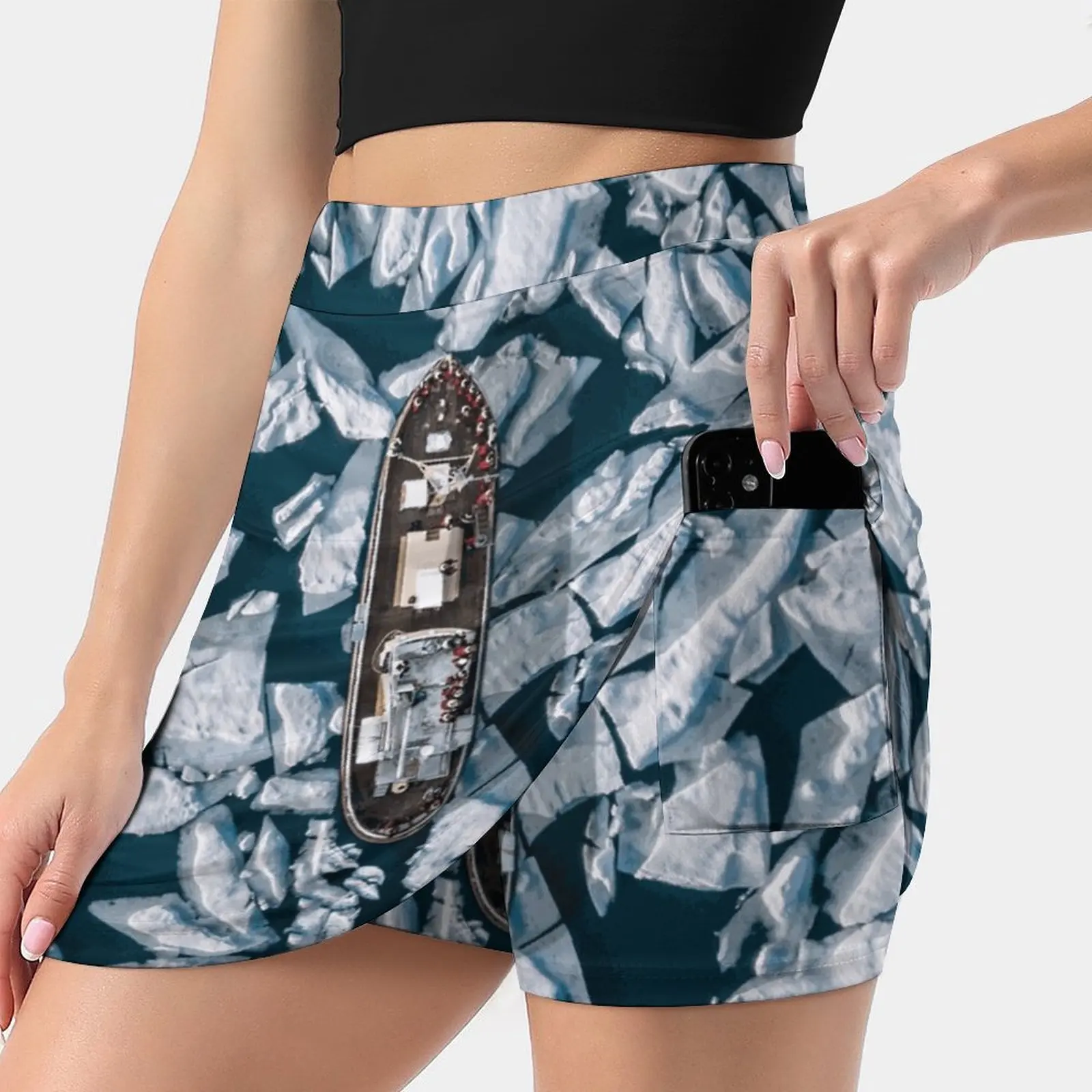 Aerial Of An Ice Breaker On Its Way Through Arctic Ice - New Women Skirts Double-Layer Printed Short Dress Mini Sport Skirt