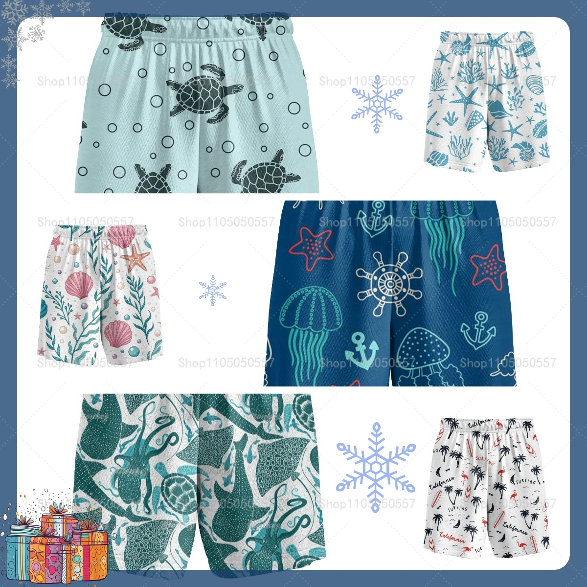 

Мужские тематические шорты Ocean с 3D-принтом: украшенные водорослями, ракушками, черепахами и мотивами для серфинга на Гавайях.