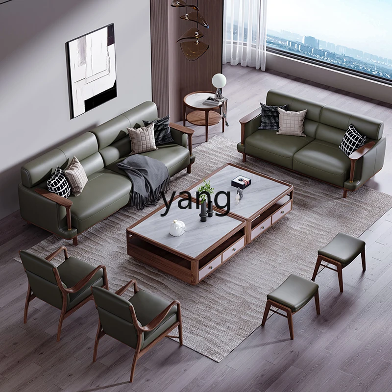 Lcx  modern simple solid wood sofa straight combination first layer leather light luxury living room furniture