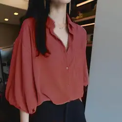 Summer Woman Clothes Blouse Puff Sleeve Shirt Korean Style Fashion Chiffon Retro Loose Pure Trend Tops Office Lady Simplicity