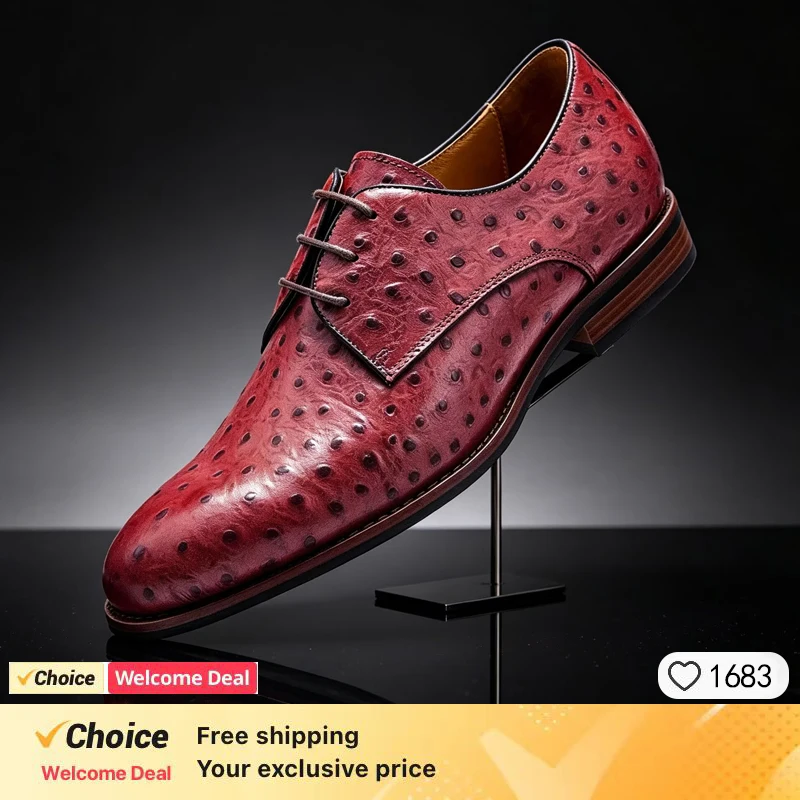 Men's Handmade Genuine Leather Ostrich Pattern Formal Casual Business Shoes 2026 Fashion Trend Cowhide Leather Footwear