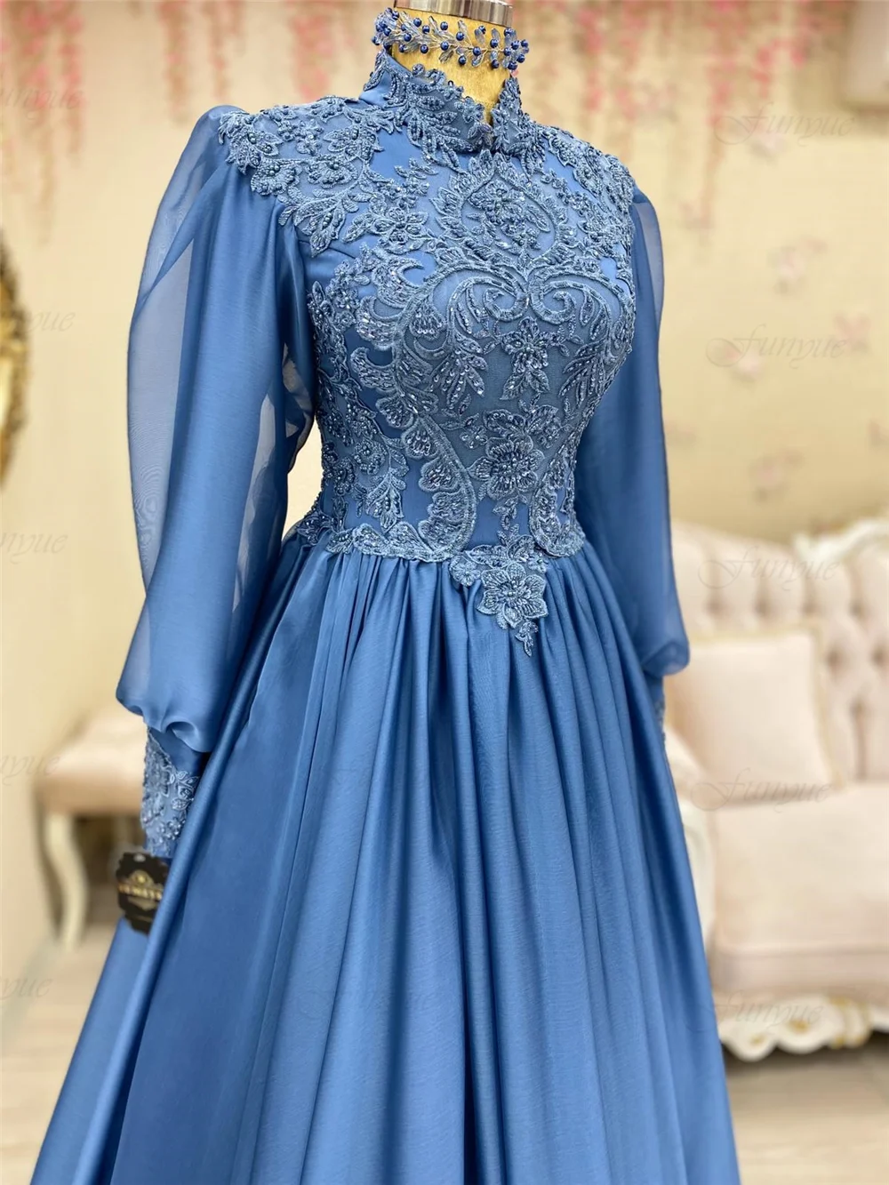 Elegant Blue Evening Dresses for Women 2022 Vestidos De Boda Invitada A-Line Lace Beaded Long Sleeves Muslim Formal Party Prom