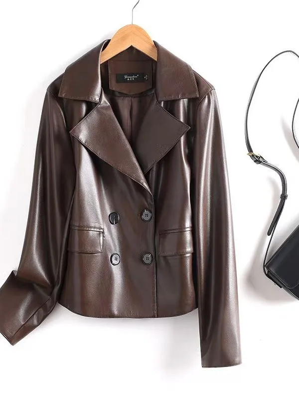   Chaqueta de Cuero Genuino Ning para Mujer, Estilo Slim, Abrigo de Piel de Oveja, Nueva Colección Primavera 2025, Chaqueta de Cuero Negra