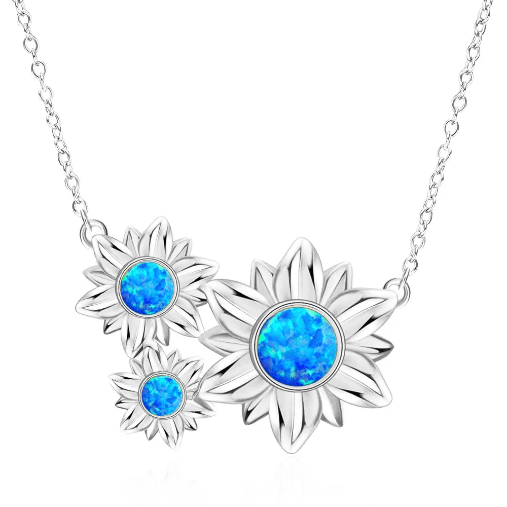 Luxury Minimalist Blue Synthetic Opal Necklace,Silver Color Sunflower Pendant Jewelry, Dainty Daily Adjustable Chain for Women