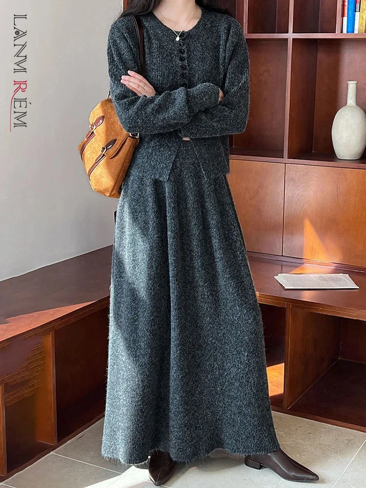 [LANMREM] Sweater Half-body Skirt Two Pieces Suit New Round Neck Long Sleeve Women Fashion Tide Spring Winter 2024 26C278