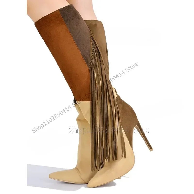 Mixed Color Tassels Decor Patchwork Pointed Toe Boots Knee High Women Shoes Thin High Heels New Dating 2026 Zapatos Para Mujere
