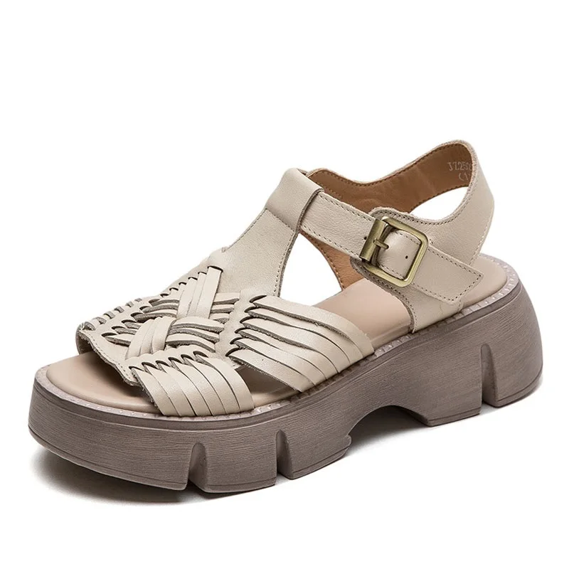 DRKANOL 2026 Retro Summer Sandals Women Wedges Heel Sandals Handmade Woven Genuine Leather Chunky Platform Casual Roman Shoes