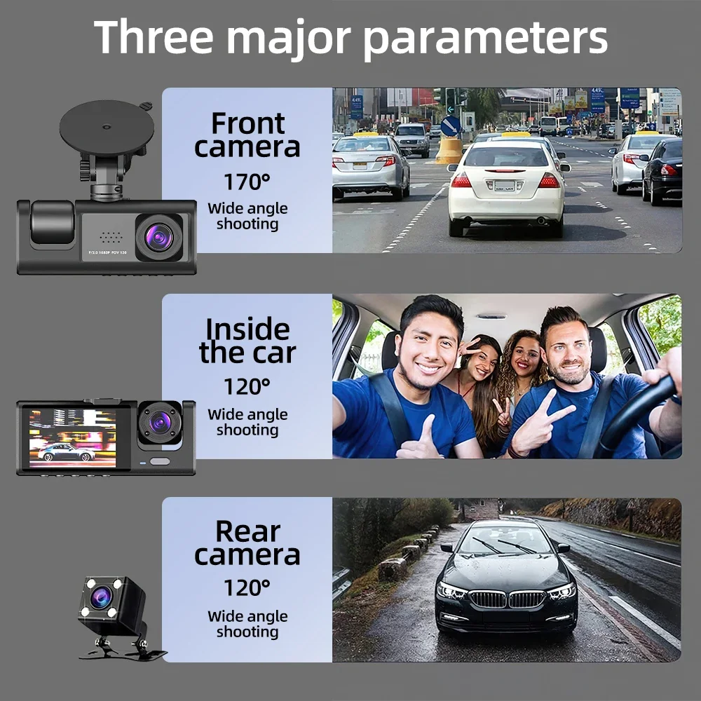 1080P DVR Dash Camera Front & Inside & Rear Camera Driving Recorder 2 Inch Screen Dashcam Support Night-Vision Loop Recording