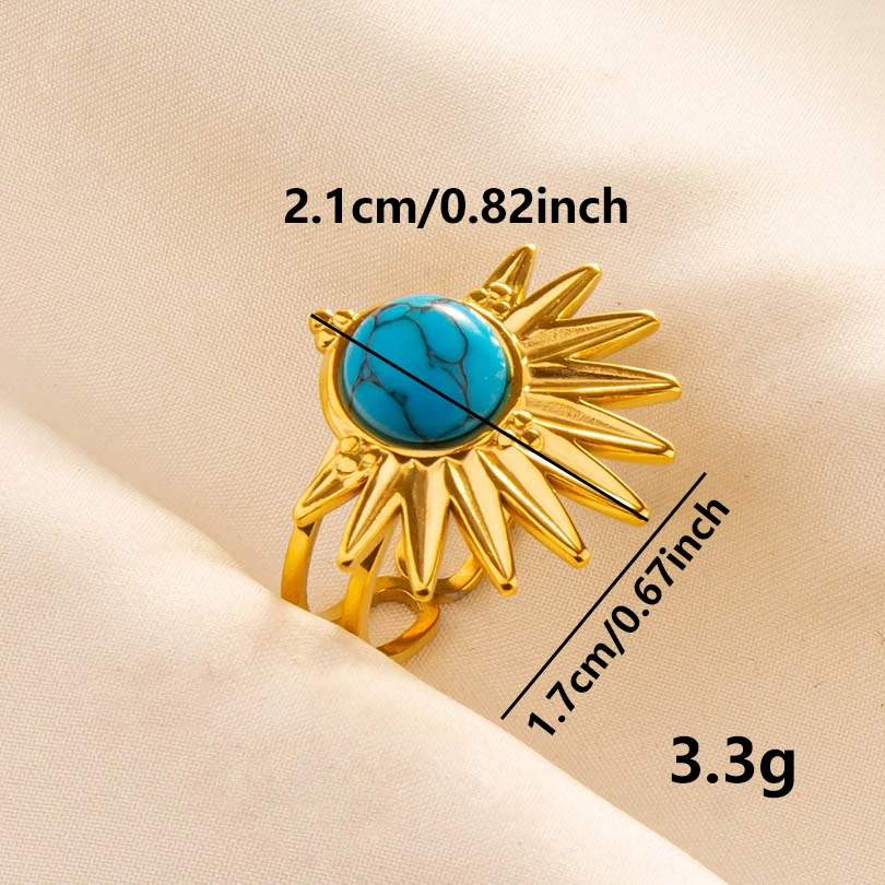 Vintage Stainless Steel Turquoise Round Gemstone Ring Jewellery Boho Style Adjustable Ring Charm For Women Girls Gifts Dress Up