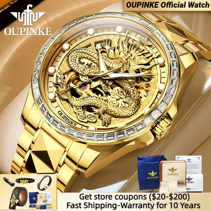 

OUPINKE Gold Dragon Automatic Watch for Men Imported Movement Sapphire Mirror Tungsten steel Skeleton Mechanical Men's Watches