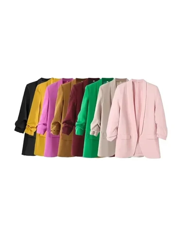 Ropa de oficina a la moda para mujer, chaqueta abierta, abrigo Vintage con mangas largas plisadas y bolsillos con solapa, prendas de vestir exteriores para mujer, Tops elegantes