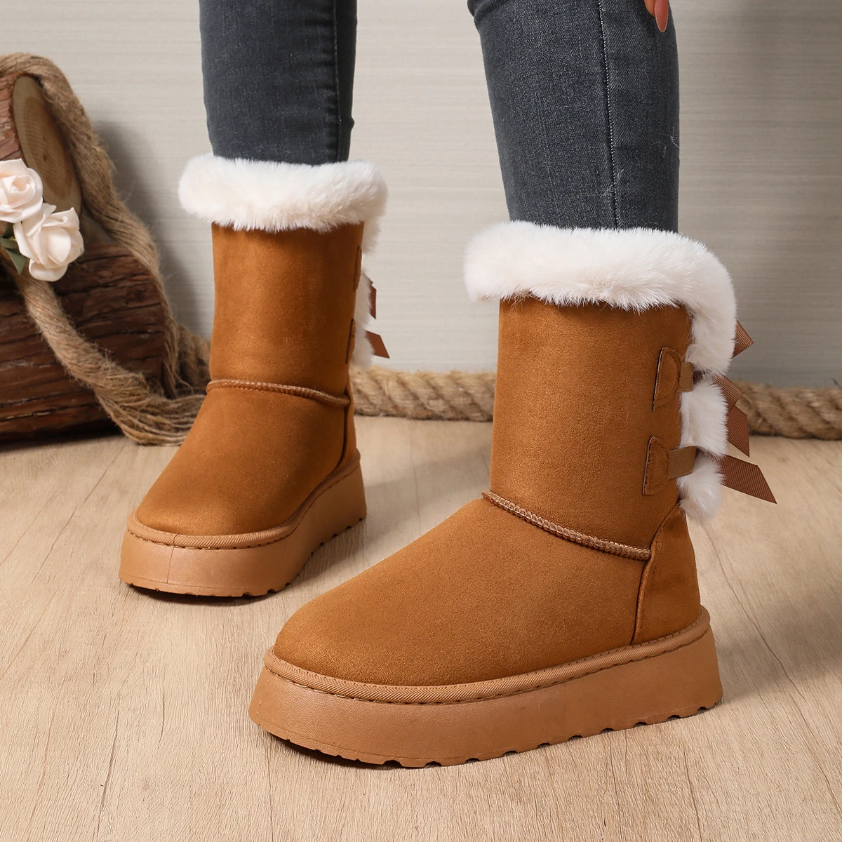 Botas de nieve de felpa gruesas y cálidas para mujer, botines de plataforma gruesa con pajarita de invierno, zapatos acolchados de algodón sin cordones, 2025