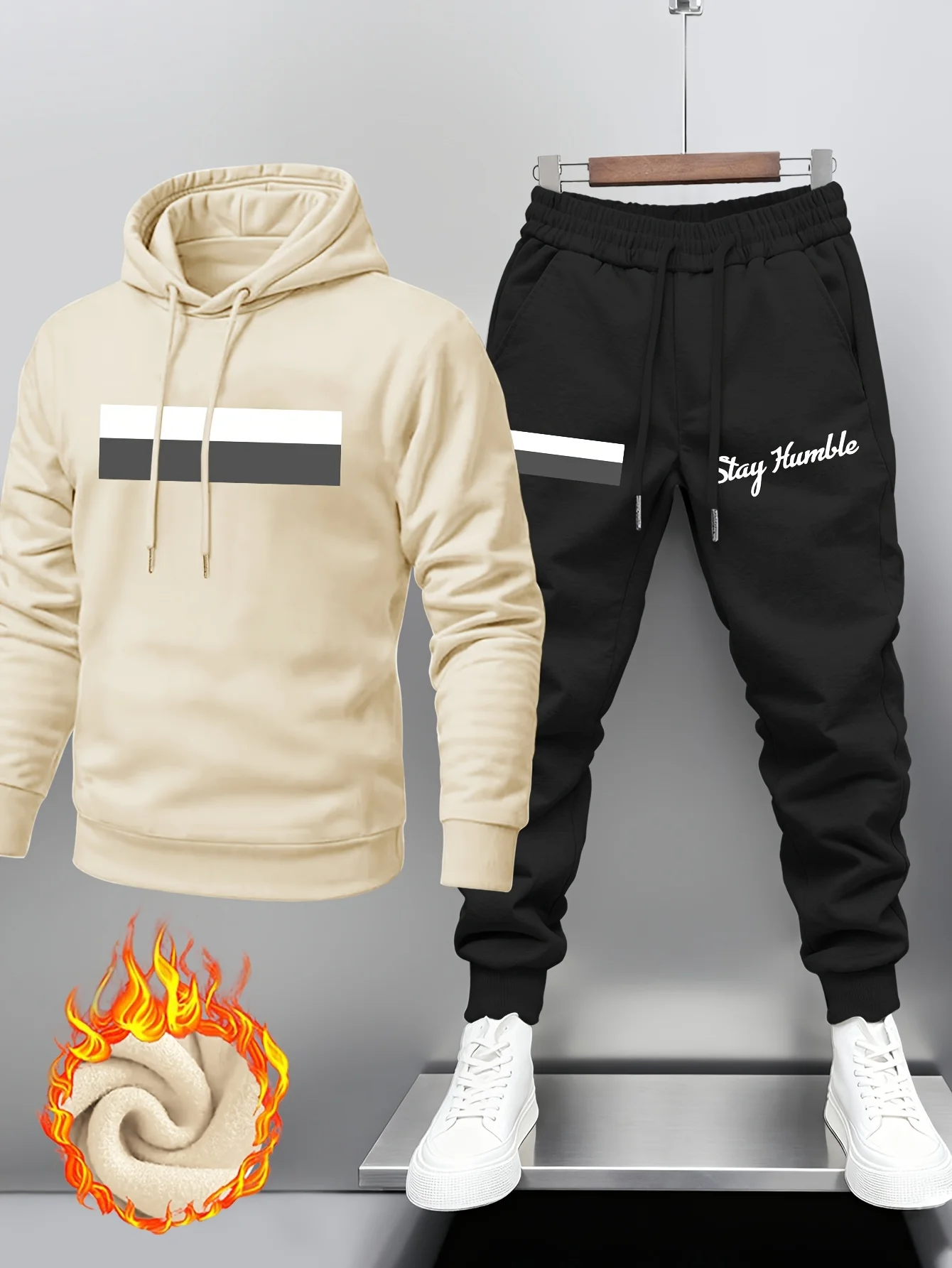 Men'S Hooded Sweatshirt and Jogger Pants Set | Casual Style with Side Stripe Design and Motivational Slogan, Slight Stretch Fabr - view 3