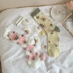 Ultra-thin Transparent Crystal Silk Socks Women Floral Embroidery Summer Elastic Long Socks Lolita Sweet Girls Kawaii Cute Socks