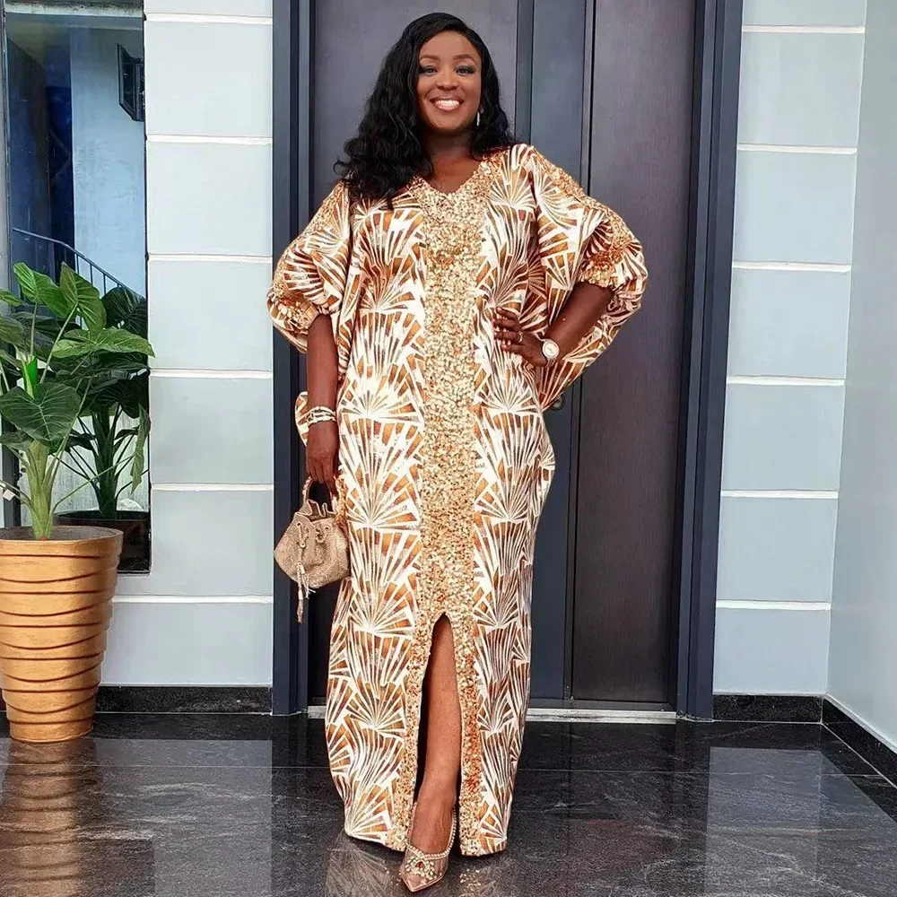 

African Dresses for 2025 Sequin Women Muslim Abayas Boubou Dashiki Traditional Africa Clothes Ankara Outfit Kaftan Evening Gown