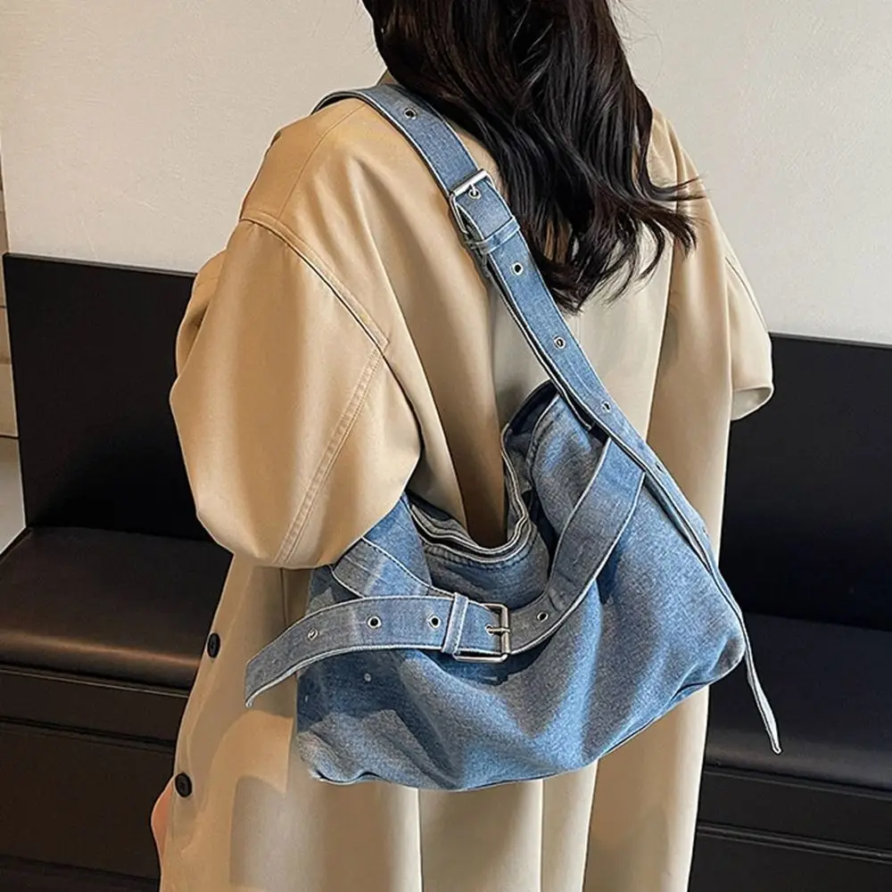 

Korean Style Denim Tote Bag Tote Bag PU Leather Large Capacity Handbag Solid Color Large Capacity Underarm Packs Office Worker