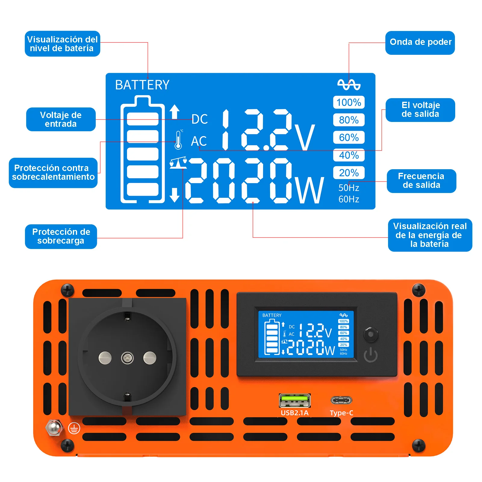 DATOUBOSS Standard UE Czysta fala sinusoidalna Inwerter DC 12V 24V 36V 48V 60V do AC 110V-220V Moc ciągła 2000W Moc szczytowa 4000W