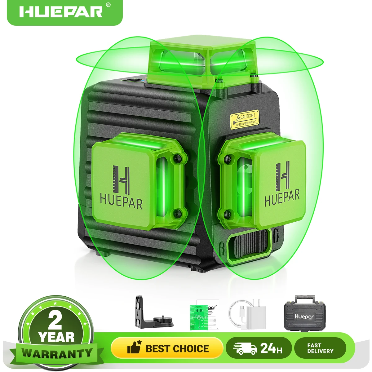 Huepar 3D 12 Lines Laser Level Self Leveling 3 x 360°High Brightness Green Cross Line Laser for Construction and Hard Carry Case