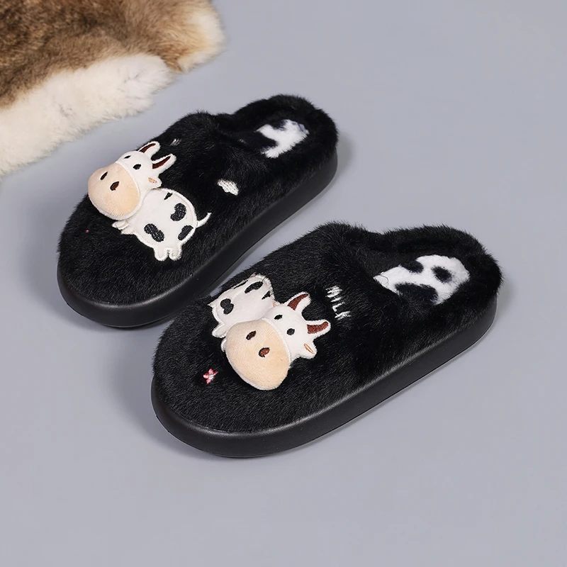 3D-Kuh-Plüsch-Hausschuhe für Damen, warme, flauschige Mules für den Winter, Mädchen-Freizeit-Hausschuhe, flauschige Fell-Slides, Unisex, weiche Plateausohle – Detail 26
