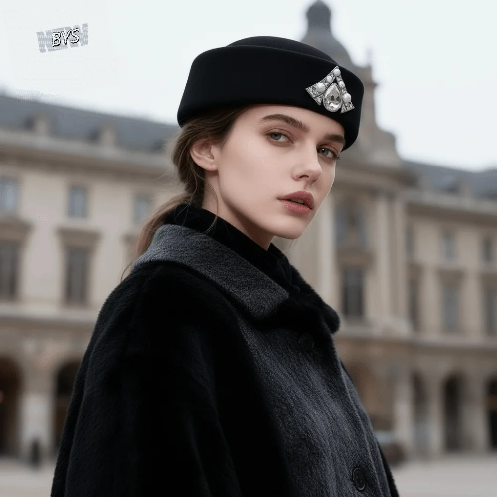 

Woolen Top Hat Vintage Topper Hat Rhinestone Solid Color Felt Beret Retro Charm Pillbox Hat Live Show