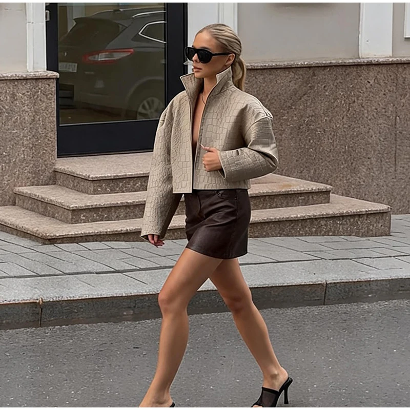 Crocodile Embossed Faux Leather Long Jackets Chic Wide Lapel Belted Waist Quarter Sleeve Loose Coat Women Street Chic Outfits