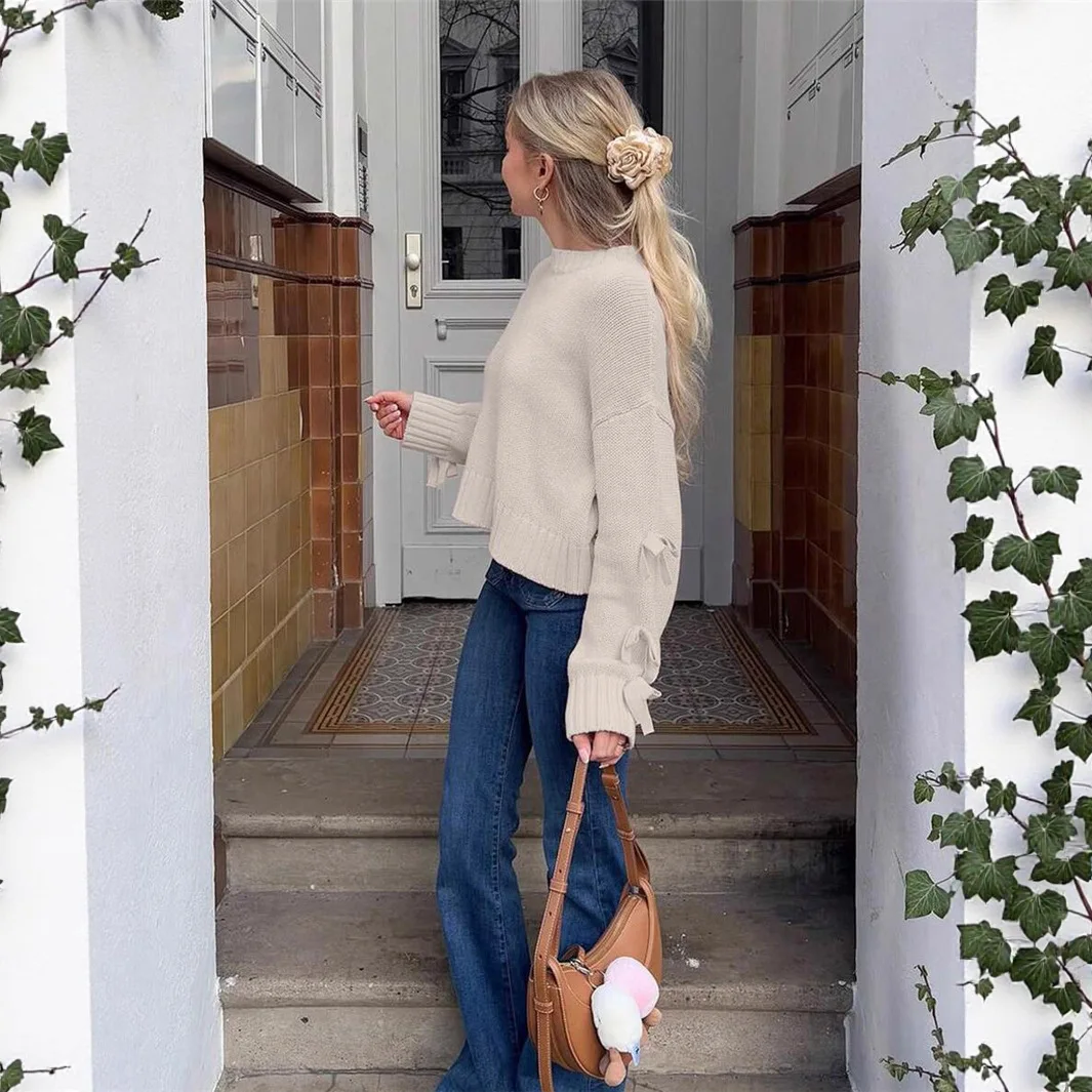 Pull ample court à manches nœud Joker pour femme, mode européenne et américaine, nouvelle collection automne et hiver