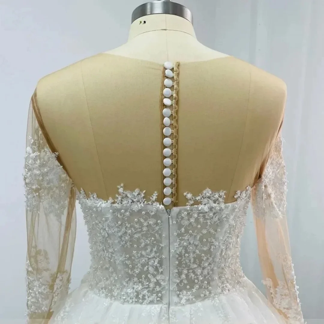 Customized Elegant Beading Lace V-Neck Long Sleeve A Line Wedding Dresses Pearls Brown Shining Brightly Bridal Gowns Train