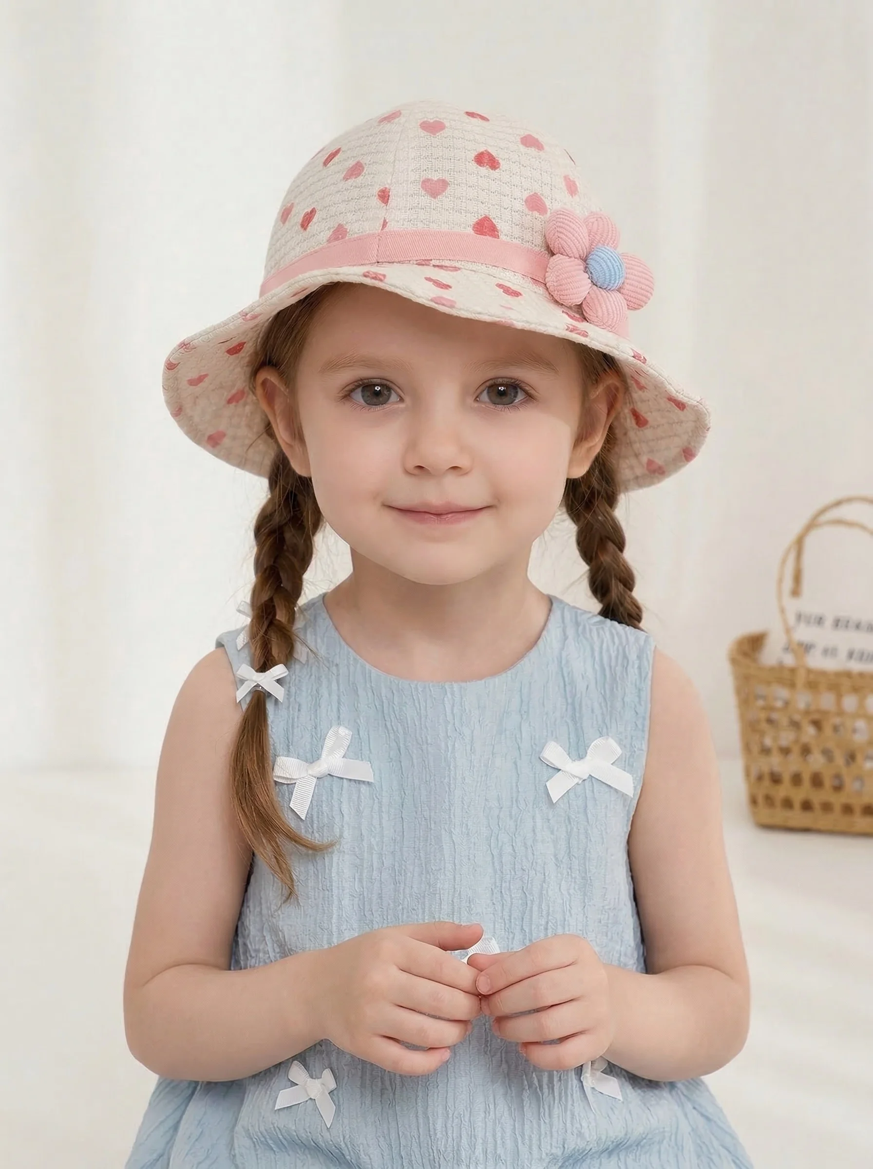 かわいい調節可能な春夏フィッシャーマンハット-男の子と女の子用-ラブハートフラワーデザインのつば広日焼け防止キャップ