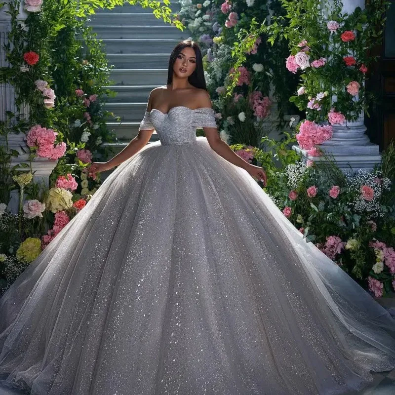 

Sexy Sweetheart Neck Lace Up Ball Gown Wedding Dress 2024 Luxury Pleated Sparkly Tulle Court Train Princess Bridal Gown