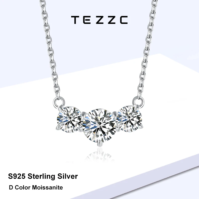 

Tezzc Smile Moissanite Necklace for Women D Color Sparkling Lab Diamon Luxury Three Stones Necklaces S925 Silver with Certified