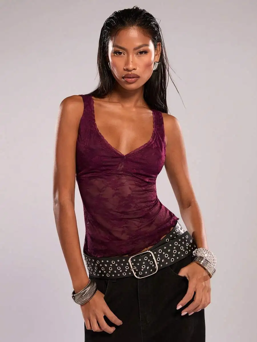 

Women Lace Mesh See Through Tank Top With V Neck