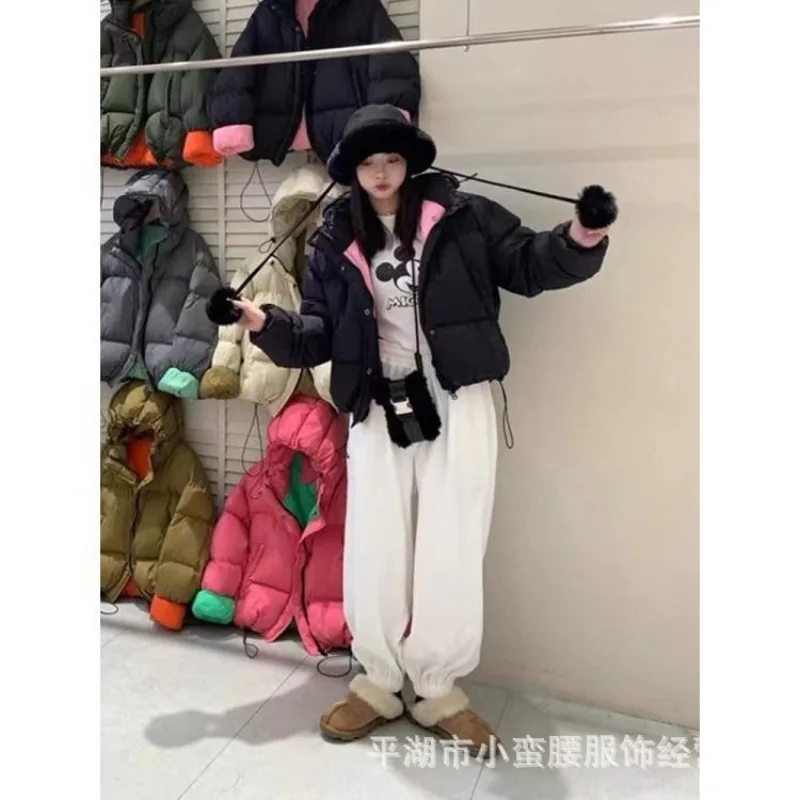 Luxury Women's Contrasting Colours Down Jacket New Style Short Style Hooded Loose Thicken Casual Candy Colours Bread Jacket