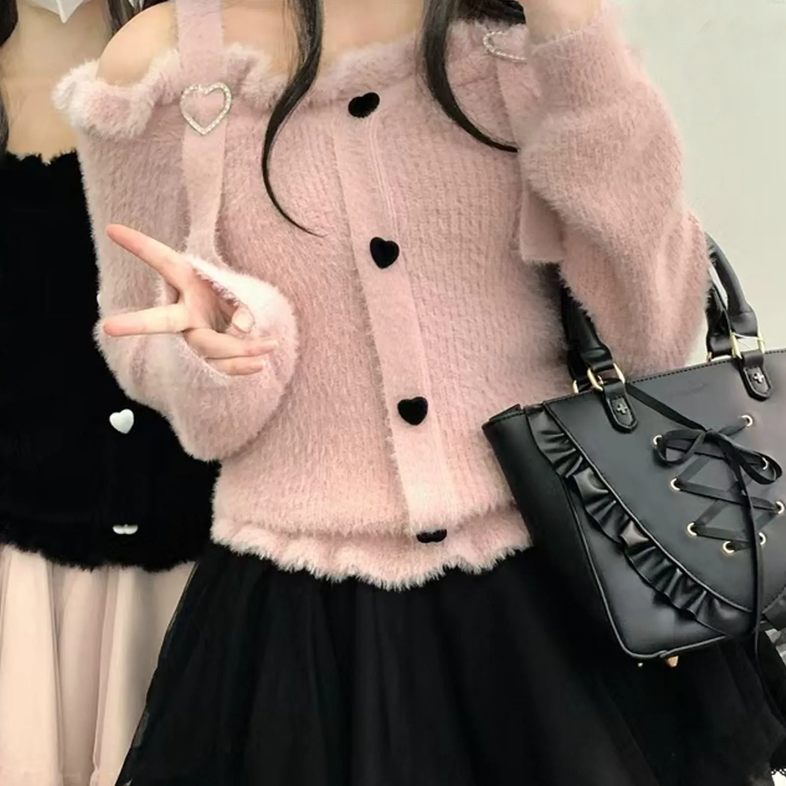 

Off Shoulder Lolita Sweater Women Japanese Kawaii Winter Knitted Pullover Ruffle Bow Harajuku Y2k Aesthetic Grunge Knitwear Tops