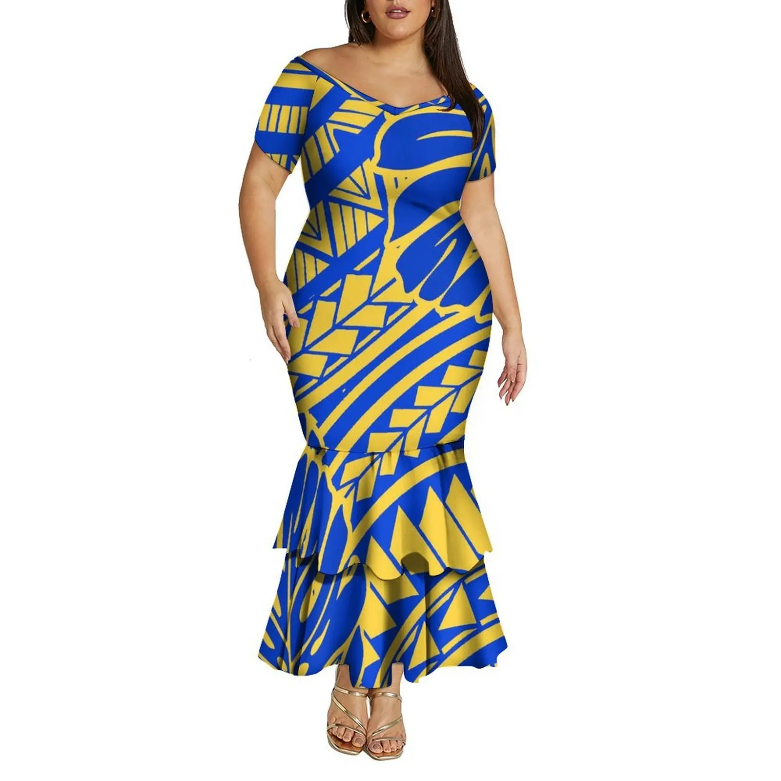 Vestido rabo de peixe de dupla camada elegante com ombro de fora grande decote em V vestido justo feito sob medida para mulheres polinesias