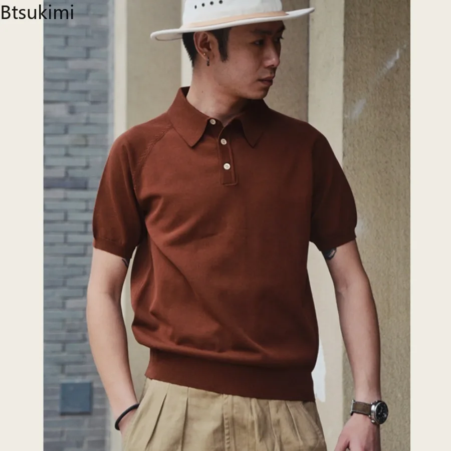 

Italian Polo Shirt Men's 100% Cotton Knit Slim Fit T-shirt Vintage Solid Color Lapel Short Sleeves Top Summer New Casual Tees